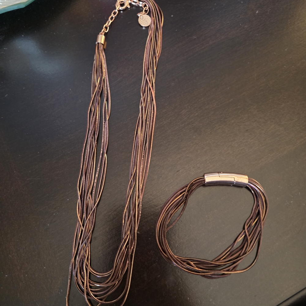 Multi-Strand Brown and Copper Necklace & Bracelet Set